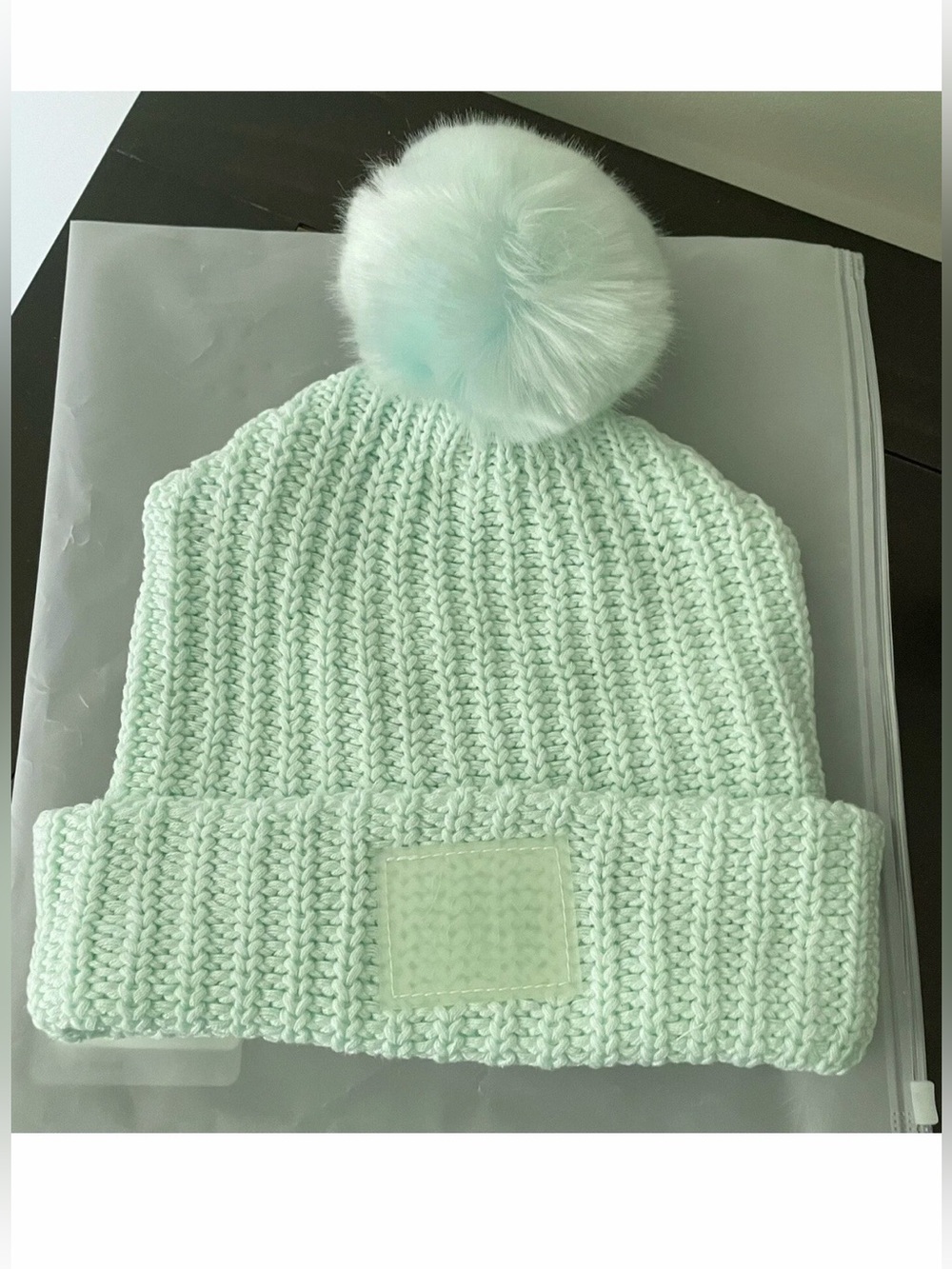 Love Your Melon Mint Knit Pom Beanie, Glow in the dark patch, NEW RARE seafoam